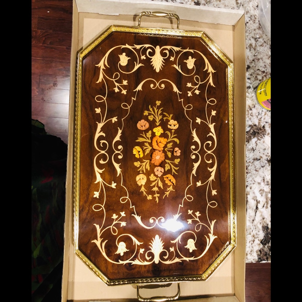 VINTAGE ERCOLANO INLAID SERVING TRAY W BRASS HANDL